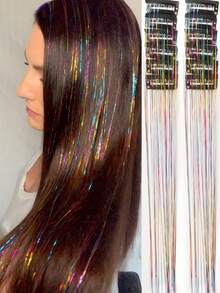 12 peças de extensões de cabelo sintético liso médio com presilha, ideal para festas e Natal. Extensões de cabelo loiro com fio metálico, 12 peças por pacote, 50 cm (20 polegadas) com glitter colorido, perfeitas para presentear em festas e ocasiões especiais. Acessórios de cabelo deslumbrantes para festas e ocasiões especiais. - Multicolorido - Ver 14