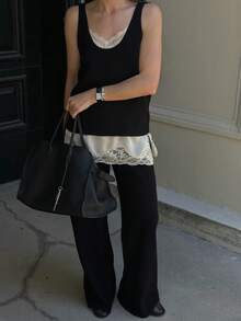 Women Lace Trim Satin High Low Tops Silk Spaghetti Strap Side Split Asymmetrical Cami Top Flowy Silky Layering Tops - Black - View 4