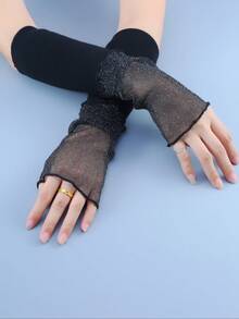 1 paire de manchettes sans doigts décoratives en dentelle tricotée élastique à la mode, convient comme accessoire vestimentaire pour femmes et filles