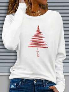 Women's Casual Long Sleeve Round Neck Pattern Printed T-Shirt - Red Christmas Tree Design, Comfortable Fabric, Machine Washable, Suitable For Autumn And Winter Festive Seasons, Family Christmas Shirt Zjy - Unisex Plus Size Top - 白色 - 查看 1