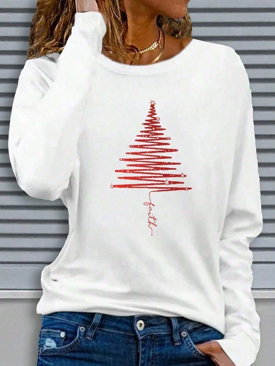 Women's Casual Long Sleeve Round Neck Pattern Printed T-Shirt - Red Christmas Tree Design, Comfortable Fabric, Machine Washable, Suitable For Autumn And Winter Festive Seasons, Family Christmas Shirt Zjy - Unisex Plus Size Top - 白色 - 查看 1