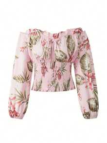 Áo nữ trễ vai, kiểu dáng thanh lịch, đơn giản, họa tiết hoa, thích hợp cho kỳ nghỉ, đi làm, dã ngoại, tụ họp, sân bay, tiệc cưới mùa hè, tiệc mùa xuân. - Hồng - Xem 2