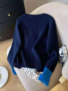 女式简约拼色心形刺绣长袖针织毛衣