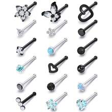 Surgical Steel Nose Ring 20G - Hypoallergenic Nose Studs With Cute Flat Opal Flower Diamond Heart - Straight L Shaped Purple, Pink, Black, Silver For Women Men Gift{"Color_name":"BlackstraightNoseRingsStuds20G"} - 黑色直鼻環耳環20G - 查看 1