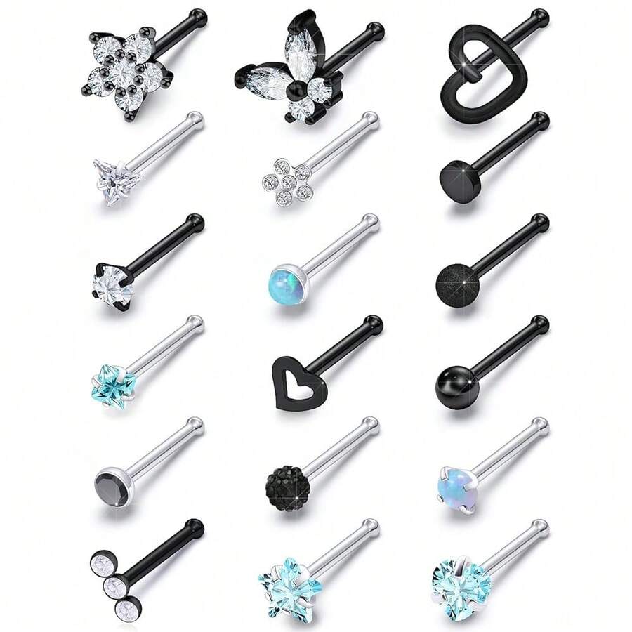 Surgical Steel Nose Ring 20G - Hypoallergenic Nose Studs With Cute Flat Opal Flower Diamond Heart - Straight L Shaped Purple, Pink, Black, Silver For Women Men Gift{"Color_name":"BlackstraightNoseRingsStuds20G"} - 黑色直鼻環耳環20G - 查看 1