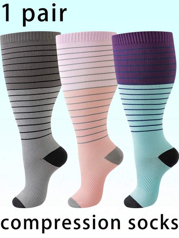 1 par de calcetines de compresión a rayas de talla grande para hombres y mujeres, adecuados para el ocio diario, senderismo, actividades al aire libre, ciclismo, baloncesto, deportes de raqueta, deportes de hielo y nieve, entrenamiento físico, etc. Proporcionan soporte deportivo con tejido de rebote tejido.