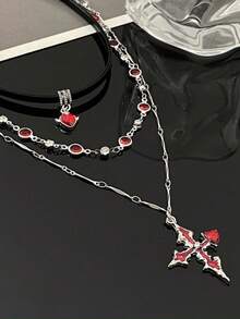 1 Set Sexy Chic Heart & Cross Pendant Necklace, Multi-Layer Chain Choker Necklace, Ideal Jewelry Gift For Women, Suitable For Daily Wear