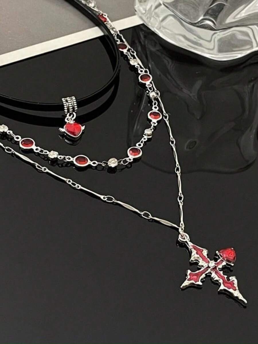 1 Set Sexy Chic Heart & Cross Pendant Necklace, Multi-Layer Chain Choker Necklace, Ideal Jewelry Gift For Women, Suitable For Daily Wear
