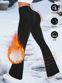 Women'S Casual Flare Pants For Autumn & Winter, Fashion Skinny Warm Leggings And Comfortable Tight Pants, High Waist Slim Basic Trousers With Thick Thermal Lined, Suitable For Outdoor Sports Wear, Thick Waistband Leggings Tights - Black - View 3