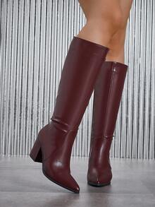 秋冬女士经典高筒靴，粗跟尖头高跟靴，侧拉链设计，保暖性感优雅舒适过膝长靴，酒红色 - 酒紅色 - 查看 4