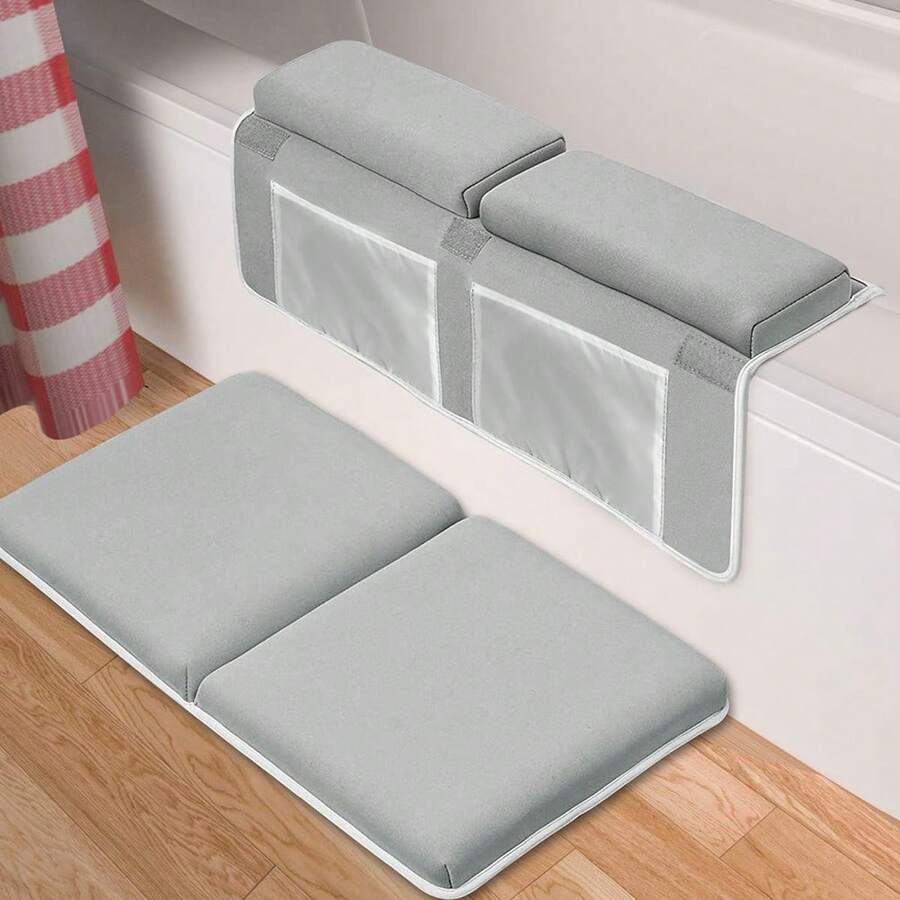 Rodillera para baño de bebé con reposabrazos, almohadilla de secado rápido, soporte para codos para bañera grande con organizador de juguetes - Gris - Ver 1
