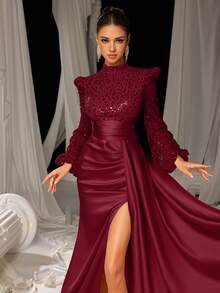 优雅缎面亮片高领晚礼服 - 泡泡袖，侧开衩缎面裙摆 - 完美适用于婚礼、盛大晚宴、正式晚宴、颁奖典礼和新年庆祝活动 - 酒紅色 - 查看 1