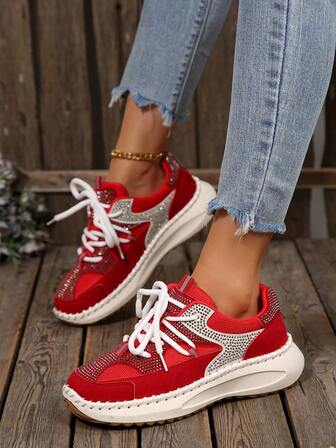 Zapatillas casuales para mujer, zapatos de ante rojo con suela gruesa, decoración de cristales de moda, cómodos y versátiles, ligeros