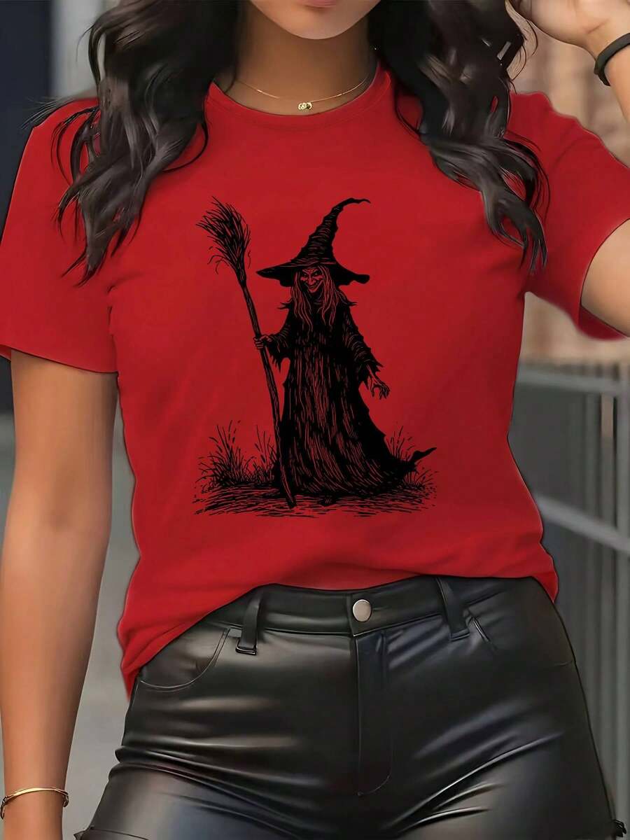 Camiseta gráfica de Halloween para mujer - Camiseta casual de manga corta con cuello redondo, diseño de escoba de bruja y escoba, estampado de contraste rojo y negro, camiseta de verano transpirable para atuendos informales, fiestas y eventos temáticos, ropa de Halloween, atuendo de fiesta, ajuste cómodo