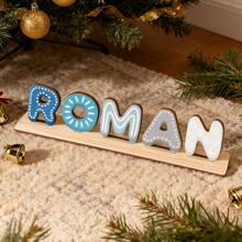 Spersonalizowana drewniana układanka z imieniem, wyjątkowa dekoracja, kolorowa dekoracja pokoju, rozświetlenie przestrzeni, specjalny prezent dla dzieci, Boże Narodzenie i Halloween (niebiesko-biały) - niebieski i biały - Zobacz 9