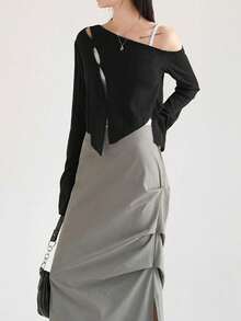 2025春夏不对称设计女式长袖上衣 - 黑色 - 查看 6