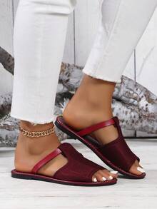 1 Pair Teens' Flat Sandals, Fashionable Mesh Breathable Open Toe Strap Flat Beach Slippers, Casual Vacation Style, Spring/Summer - Burgundy - View 3