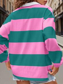 Rugby Shirt Women Striped Collared Long Sleeve Polo Shirts Oversized Color Block Sweatshirt Vintage Pullover Top - Màu xanh lá cây đậm - Xem 3