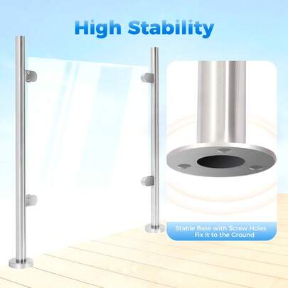 Silver Cylindrical End Post, 304 Stainless Steel/Rubber Post (1.6535.43in DH) - 176.37lbs Max Load Capacity, Brushing Process. 3.54in Diameter Round Base, 12mm Glass Thickness Compatible. Post For Balconies/Stairs/Swimming Pools/Parks (Includes Assembly Accessories)