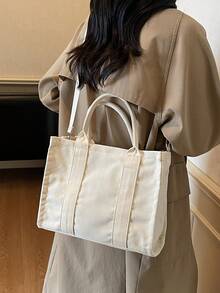 时尚托特单肩包，轻便帆布手提包，可调节肩带，学生简约挎包 - 白色 - 查看 6