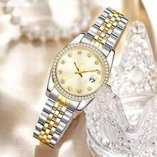 SHENGKE Women's Crystal Accented With Solid Alloy Steel Band Watch Elegant Dress Quartz Calendar Watches For Women - Bạc-Vàng - Xem 3