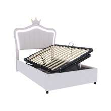 Upholstered Children's Bed 90x200 Cm, Crown Design, With LED Lighting, Hydraulic Storage Bed, Height-Adjustable Headboard, High Single Bed With Slatted Base, Imitation Leather, White - White - View 5