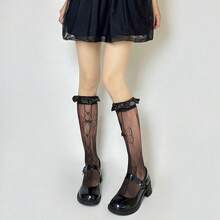 Benefeet Sox Lace Knee High Socks Women Girls Patterned Mesh Fishnet Knee High Stockings Hollow Calf Lolita Sock{"Color_name":"Black-SatinRuffleBowHeart"} - 黑緞荷葉邊蝴蝶結心形 - 查看 8