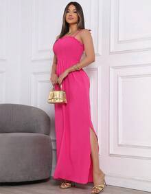 Elegant Long Dress With Adjustable Elasticated Straps And Side Slit. - Hot Pink - View 4