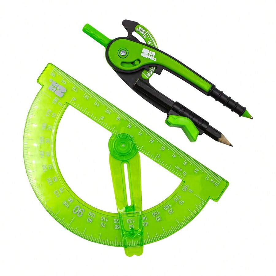 Set de Geometría Escolar Profesional Neón Verde 2 Piezas | Compás de Precisión con Lápiz Integrado y Transportador 180° / 12 cm, Utensilios de Dibujo y Matemáticas para Estudiantes, Color Verde Lima Brillante - Verde Lima - Ver 1