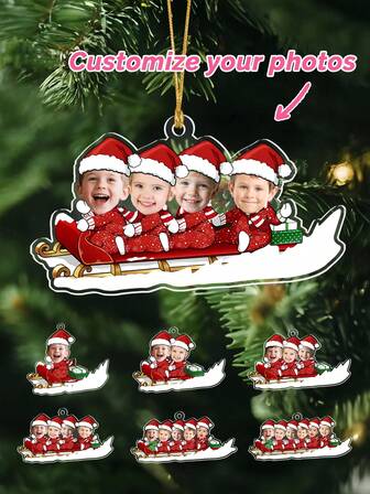 1 PIEZA Adorno personalizado de Navidad para la familia, personaliza 1-6 fotos, adorno de trineo con foto personalizada, decoraciones únicas para guardar recuerdos que resaltan los vínculos familiares especiales y los recuerdos festivos, ligero y fácil de colgar, diseño versátil, perfecto para el árbol de Navidad, el hogar, la guardería, el baby shower, la fiesta y como regalo