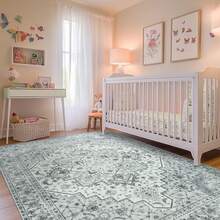 Area Rug 8x10 Feet Washable Rug, Pink Vintage Traditional Rug, Foldable Ultra-Thin Retro Decorative Indoor Distressed Non-Slip Carpet Floral Print Mat Bedroom Living Room Bathroom - 灰色 - 查看 3