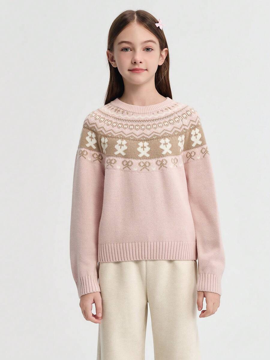 Balabala 2025年冬季女童费尔岛针织毛衣，舒适套头衫 - 紅白色調 - 查看 1