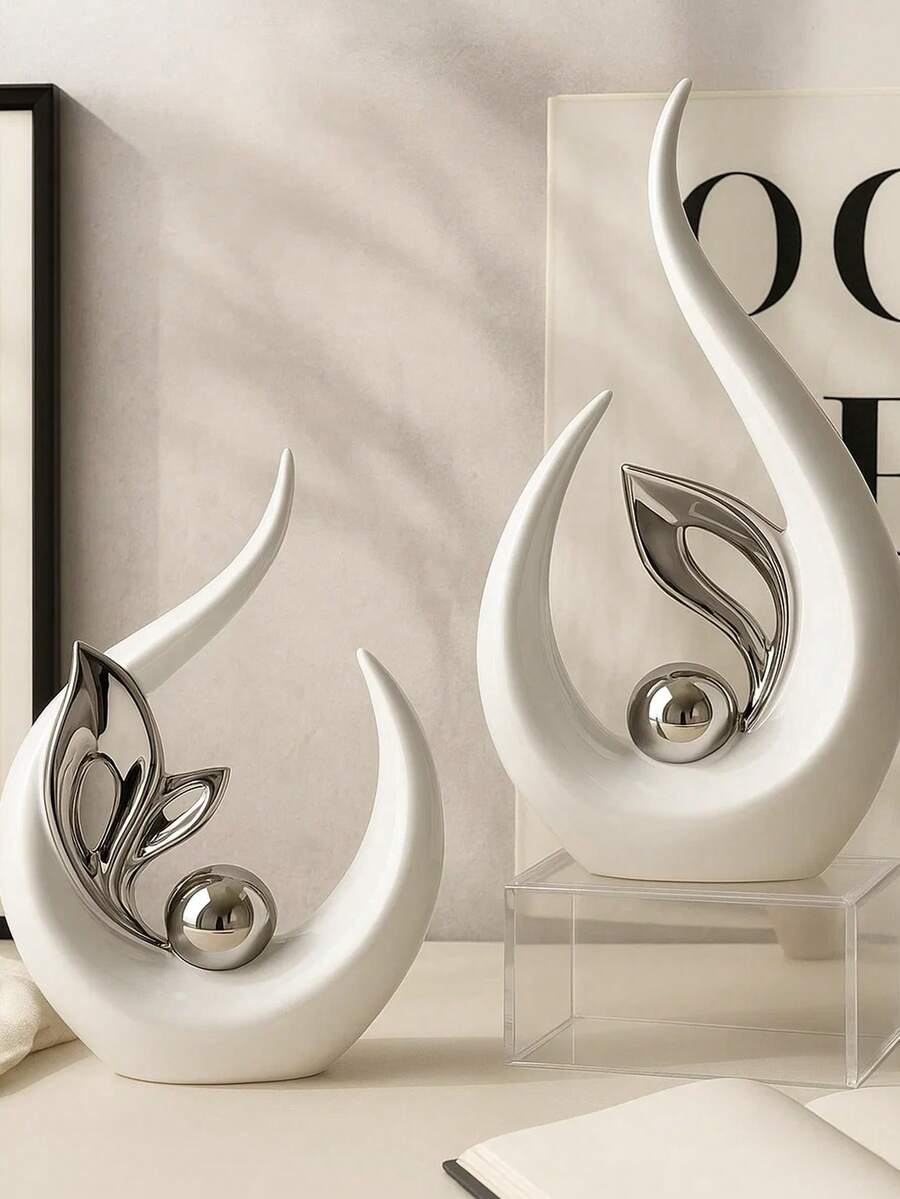 White With Gold/Silver Home Decor Items, Mid-Century Modern Decor Table Decor White, Abstract Art Ceramic Shape Statues And Sculpture Centerpieces Decorative Table, Bookshelf Resin Decor, Perfect For Mother's Day Gifts, And Wedding Decor.