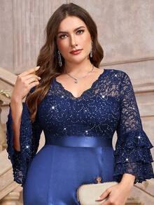 Plus V Neck Sequin Floral Lace Contrast Satin Ruffle Sleeve Mermaid Hem Formal Party Long Dress, Valentine's Day Dress, Elegant Formal Prom Wedding Guest Gown, For Graduation, Dinner, Homecoming