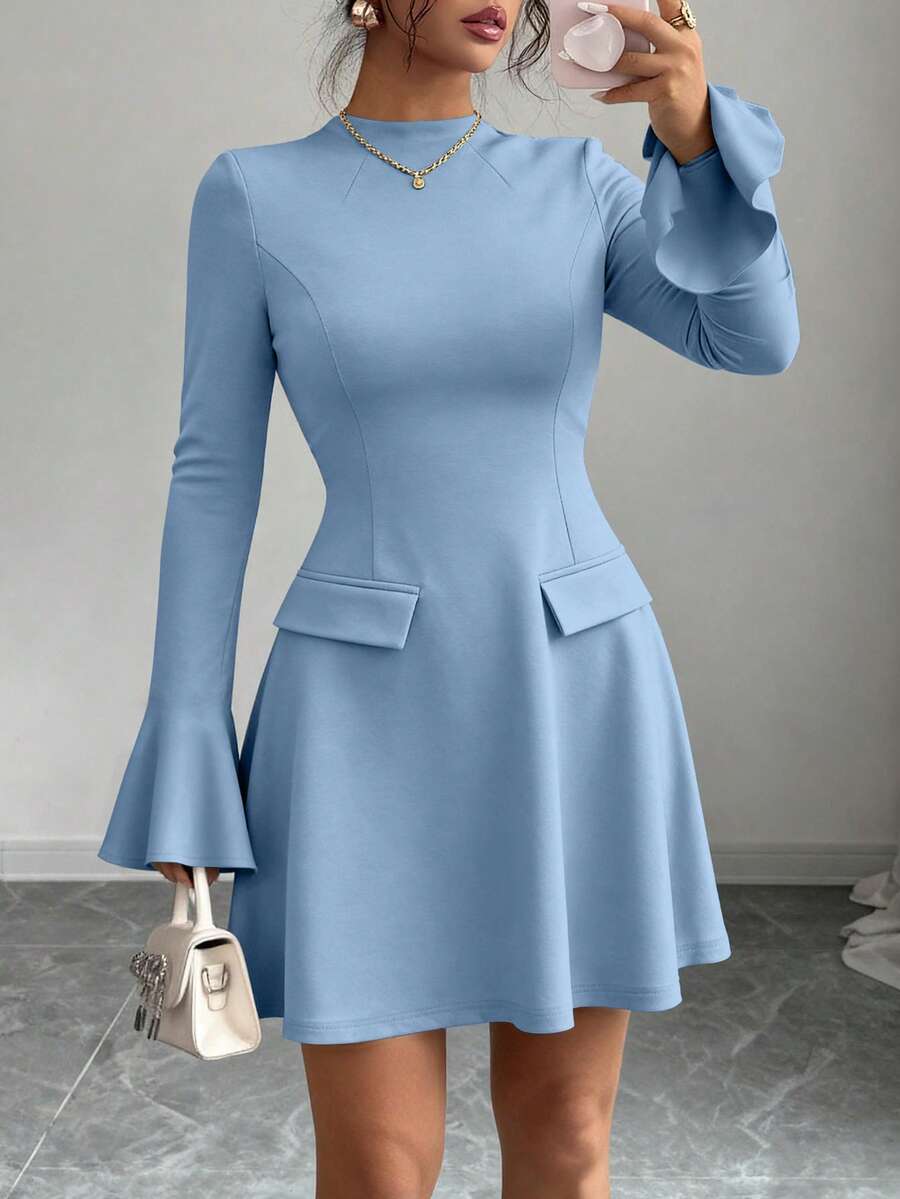 PRETTYGARDEN Women's Long Sleeve Elegant Mini Dress Fall Bodycon Mock Neck Elegant Business Work Party Short Dresses New Years Valentine Vacation - 淺藍 - 查看 1