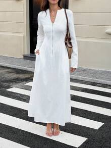 Unadoll Women's Round Neck Half Open Zipper Elegant Dress Dress, Suitable For Dates, Vacations, Music Festivals, Back To School,Christmas