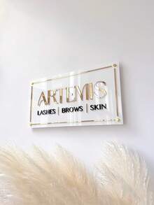 定制透明亚克力招牌，玫瑰金和金色字母及金色线条，定制矩形美容院装饰招牌，3D亚克力商业招牌 | 定制壁挂式招牌 | 矩形Logo招牌 | 适用于美发沙龙、美甲工作室、美容诊所、美容店、圣诞装饰、圣诞节、家居装饰 - 白色 - 查看 6