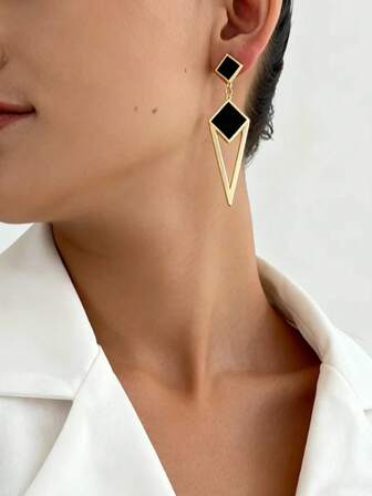 1 Pair Geometric Earrings | 14K Gold Plated Black & White Enamel Sexy Drop Earrings | Elegant Daily Jewelry | Minimalist Party Accessories