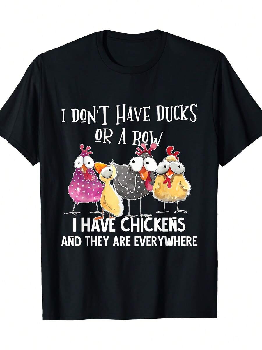Men's "I Don't Have Ducks, I Have Chickens" Graphic Tee - 100% Cotton, 220g, Short Sleeve, Crew Neck In Black With Colorful Cartoon Chickens - Breathable & Stretchy Casual Wear, Chicken Shirt - Black - View 1