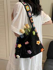 Dedoo Bohemian Style Retro Hollow-Out Floral Contrast Color Casual Crossbody Bag Tote Bag Vocation Holiday Outgoing Shopping Bag(The Color Position Of Flowers Is Random)(The Color/Pattern Of Shoulder Strap Is Random) Suitable For Traveling And Shopping, Commuting To Work.Can Be Used As Valentine's Day, Thanksgiving, Halloween,Christmas Gift. - Multicolor - View 9