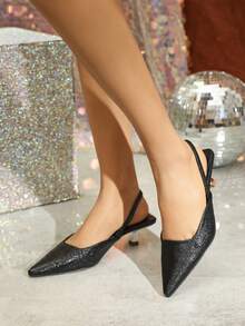 Women's Solid Color Irregular Fine Pleated Pattern Kitten Heel Shoes, Elegant Pointed Toe High Heels, Fashionable Ankle Strap High Heels, Formal Occasion Wedding Party Mule Shoes - Black - View 5