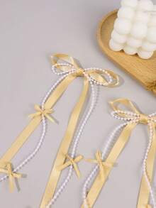 2 kẹp tóc tua rua màu vàng, kẹp tóc nơ tua rua màu trơn cho nữ/bé gái, kẹp tóc nơ tua rua ngọc trai giả, kẹp tóc nơ tua rua ngọc trai giả thanh lịch, kẹp tóc nơ buộc đuôi ngựa đôi cho đám cưới/lễ hội, phụ kiện tóc nữ, kẹp tóc, ghim tóc, phụ kiện đội đầu - Xem 3