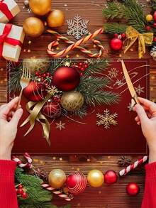 1/4/6/8/12 Stücke, Weihnachten 12.6x16.54 Inch Tischsets für Feiertage, festliches Leinen Tischset, Weihnachtsholunder & rote Kugeln mit goldenem Schleifenaufdruck, rechteckige Tischsets für Innen- & Außenbereich, leicht zu reinigen & aufzubewahren, nur Handwäsche