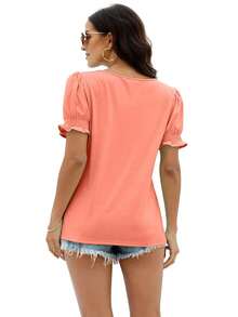 VERACT Blusa de verano para mujer con cuello cuadrado, volantes y mangas cortas, camiseta casual para salir en otoño - Coral - Ver 2