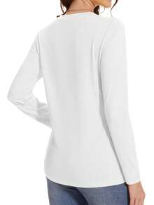 Women's White 100% Cotton Autumn Heart-Shaped Balloon Round Neck Simple Casual Plus Size Top, Women's Top With Red Heart Print, Women's Long-Sleeved T-Shirt With Heart Print That Looks Like It's Floating Away. - White - View 4