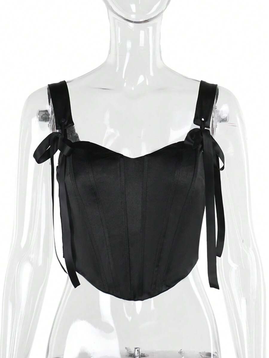 女士性感街头时尚修身紧身胸衣吊带背心上衣，适合海滩度假，春夏季 - 黑色 - 查看 1