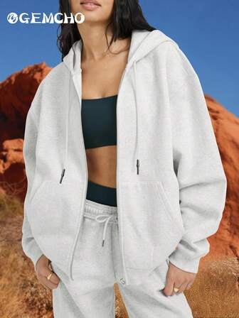 여성 캐주얼 루즈 오픈 프론트 드롭 숄더 드로스트링 후드 스웨트셔츠 재킷 포켓 포함, 일상 통근/캐주얼 외출/집/스포츠 및 피트니스에 적합, 따뜻하고 편안함 - 가을/겨울