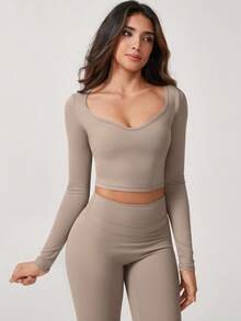 NcmRyu 1套女士弹力紧身V型提拉长袖长裤运动套装 - 卡其色 - 查看 10