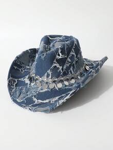 1 peça chapéu jeans vintage desbotado feminino, chapéu de cowboy jeans, chapéu de jazz, chapéu panamá, adequado para festivais de música, eventos temáticos de cowboy do oeste, festas retrô, cosplay, noites de fantasia, bailes de fim de ano, despedidas de solteiro, comemorações de aniversário, apresentações no palco, todas as estações - cartola - Ver 9