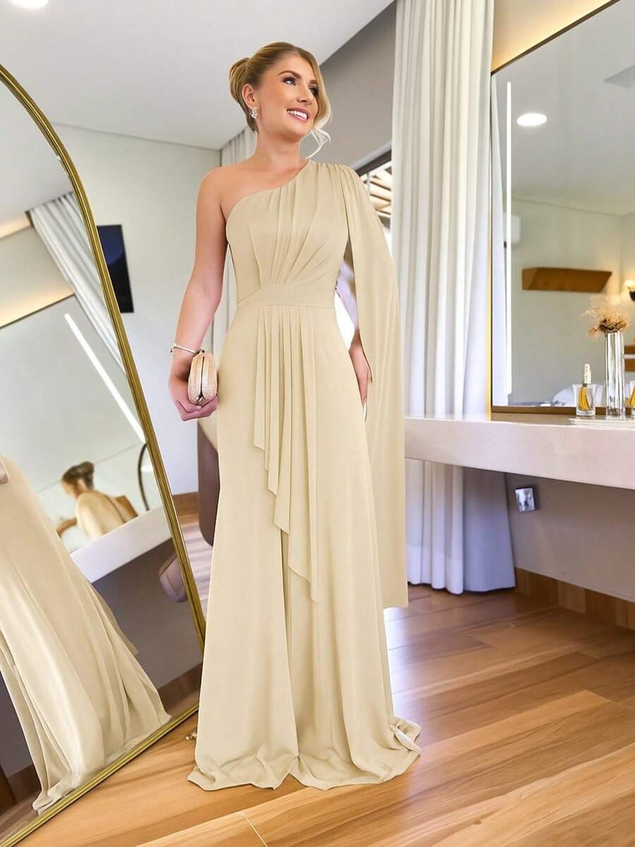 Women's Long Party Dress One Shoulder With Elegant Slit One Size M (Fits 38 To 42) Simple Elegant Party Beach Wedding, Bridesmaid And Graduation. - 奶油 - 查看 1